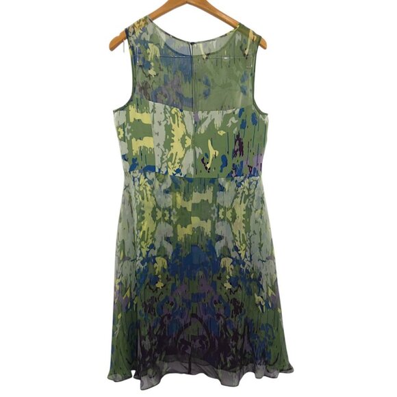 Vessel by Timo  Flowy 100% Silk Green Abstract Print Lace Inset Dress Size 12 - Picture 11 of 12